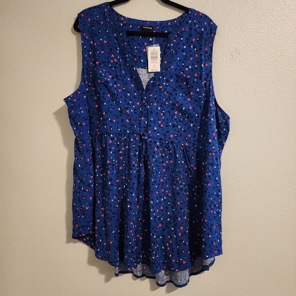 torrid Royal Blue Sleeveless V-Neck Tunic with Pink and Black Heart Accents